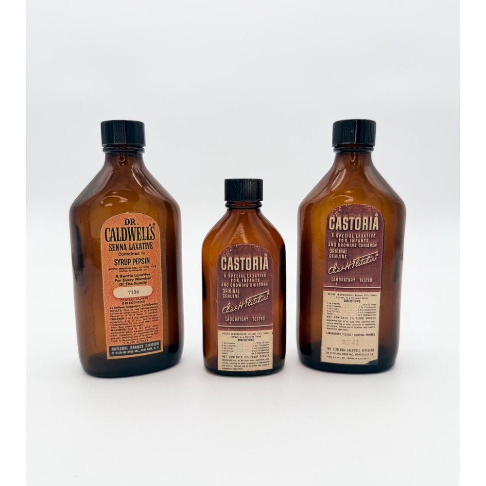 Vintage Dr Caldwells Senna Laxative Fletchers Castoria Amber Glass Bottles Set 3